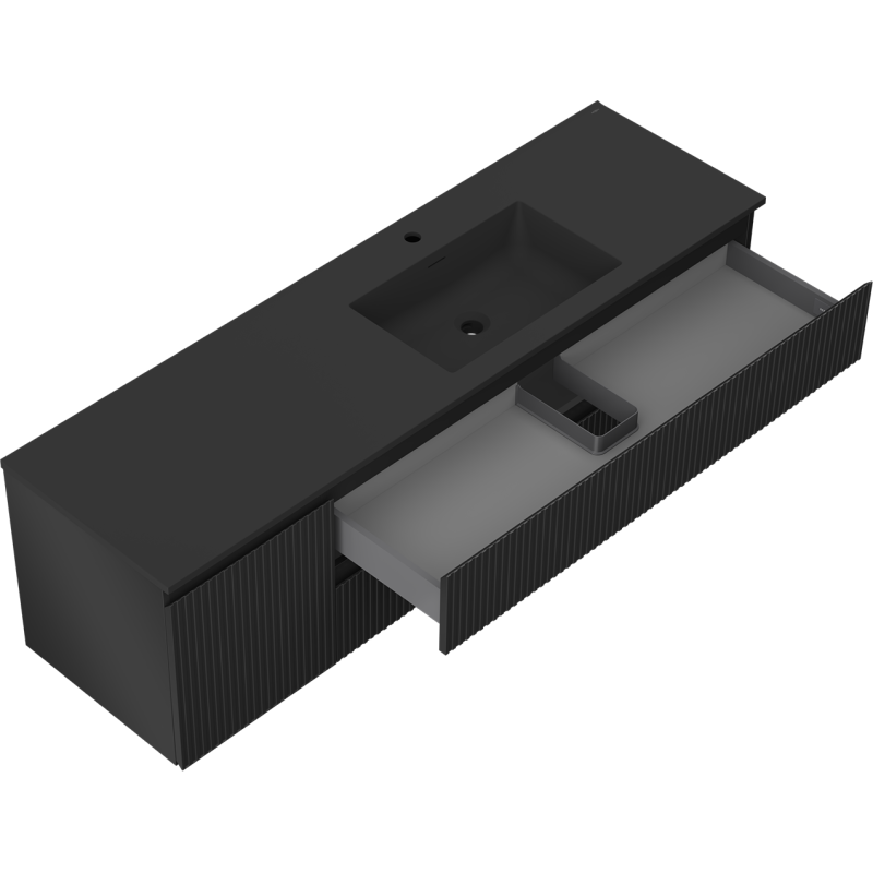 Mexen Rivel 160 cm Bathroom Cabinet with Otis Right Sink, 2S, 1D, Fluted, Black Matte - 91A23-16047-3-BBFFF71-W18P71
