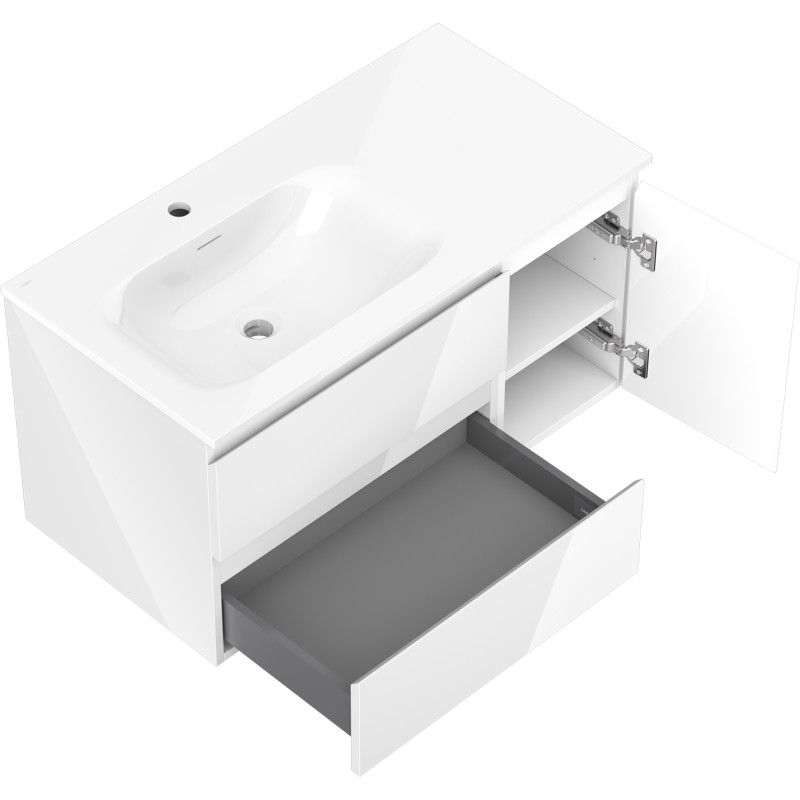 Mexen Orio szafka łazienkowa 90 cm z umywalką Vela lewą, 2S, 1D, biała połysk - 91A13-09047-3-BBFFF00-W23L00