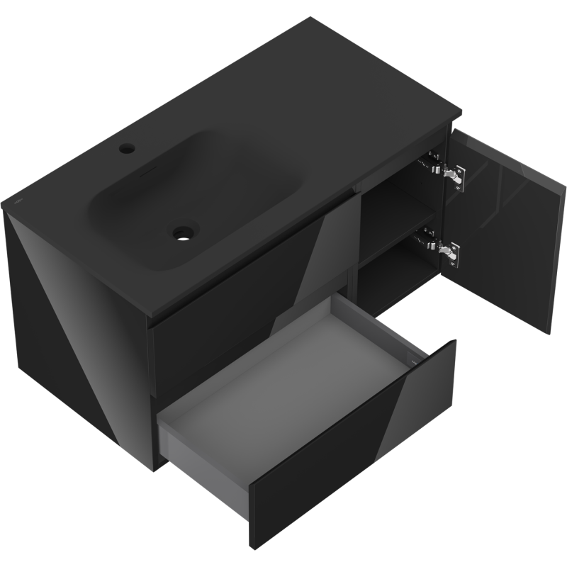 Mexen Orio meuble de salle de bain 90 cm avec lavabo Vela gauche, 2S, 1D, noir brillant/noir mat - 91A13-09047-3-BBFFF70-W23L71