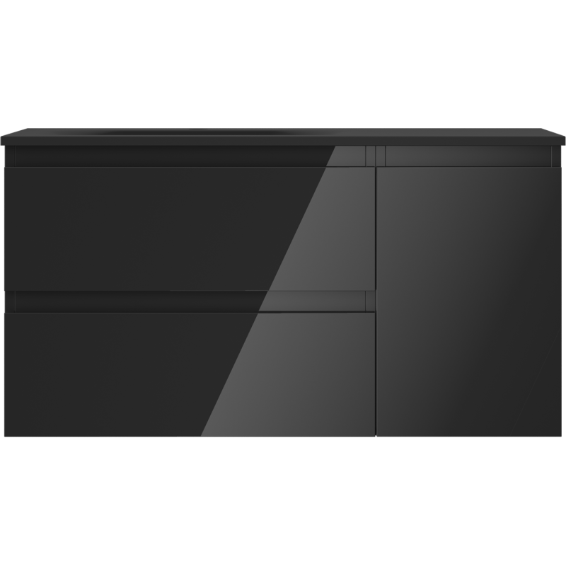 Mexen Orio Badezimmerschrank 90 cm mit Waschbecken Vela links, 2S, 1T, schwarz glänzend/schwarz matt