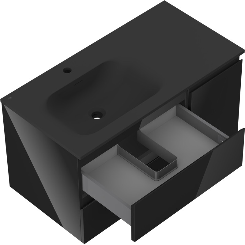 Mexen Orio mobiletto da bagno 90 cm con lavabo Vela sinistro, 2S, 1D, nero lucido/nero opaco - 91A13-09047-3-BBFFF70-W23L71