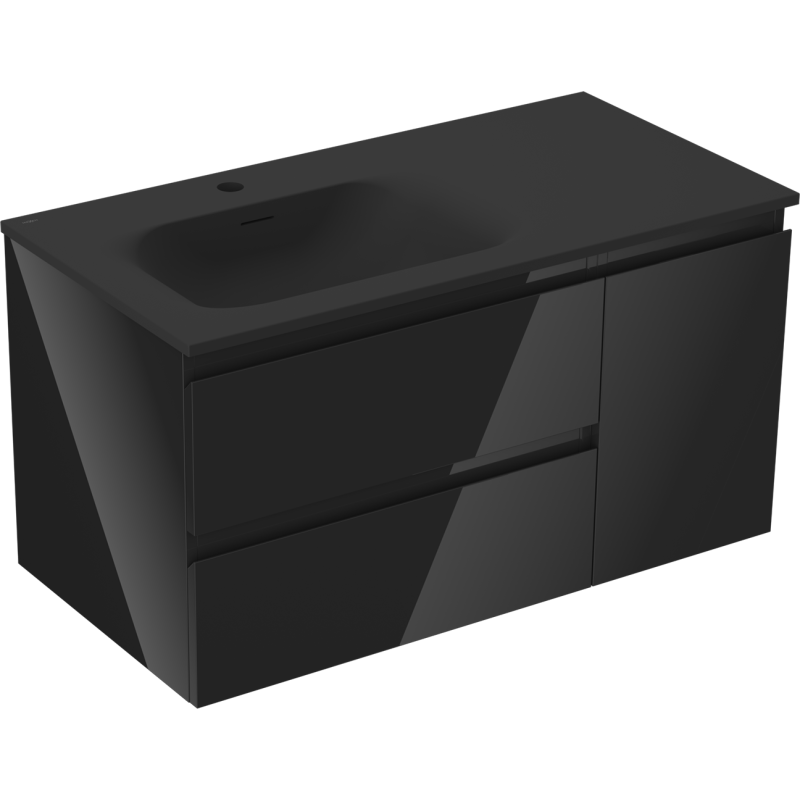 Mexen Orio meuble de salle de bain 90 cm avec lavabo Vela gauche, 2S, 1D, noir brillant/noir mat - 91A13-09047-3-BBFFF70-W23L71