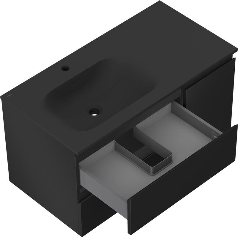 Mexen Orio Badezimmerschrank 90 cm mit Waschbecken Vela links, 2S, 1T, Schwarz matt - 91A13-09047-3-BBFFF71-W23L71