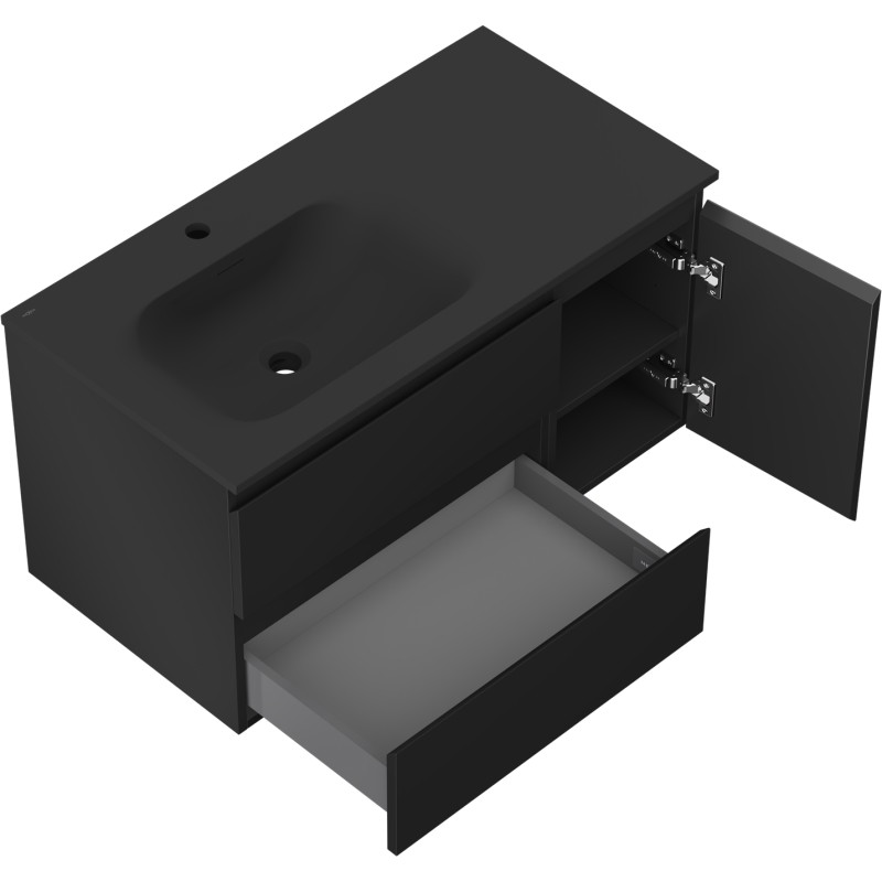 Mexen Orio armoire de salle de bain 90 cm avec lavabo Vela à gauche, 2S, 1D, noir mat - 91A13-09047-3-BBFFF71-W23L71