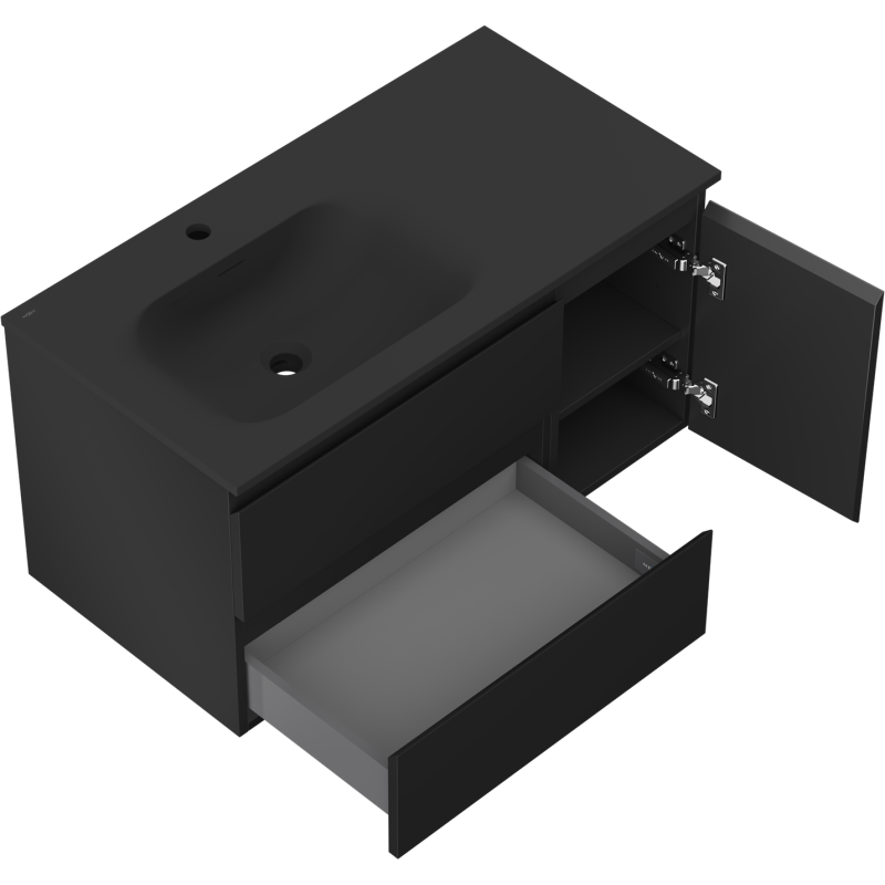 Mexen Orio mueble de baño de 90 cm con lavabo Vela izquierdo, 2S, 1D, negro mate - 91A13-09047-3-BBFFF71-W23L71