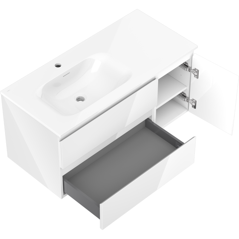 Mexen Orio mobiletto da bagno 100 cm con lavabo Vela sinistro, 2S, 1D, bianco lucido - 91A13-10047-3-BBFFF00-W23L00