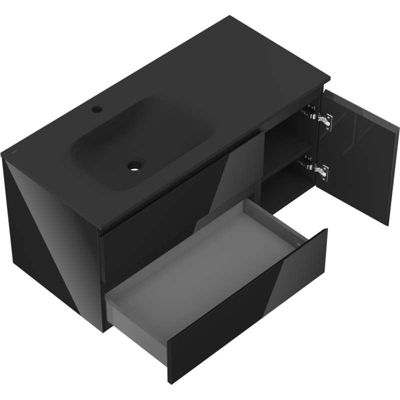 Mexen Orio armoire de salle de bains 100 cm avec lavabo Vela gauche, 2T, 1P, noir brillant/noir mat