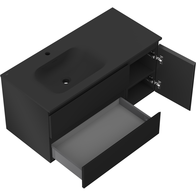 Mexen Orio 100 cm Bathroom Cabinet with Left Sink Vela, 2 Drawers, 1 Door, Matte Black - 91A13-10047-3-BBFFF71-W23L71