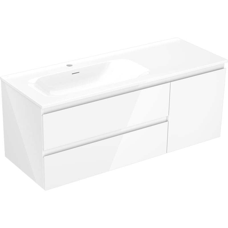 Mexen Orio Badezimmerschrank 120 cm mit Waschbecken Vela links, 2S, 1T, weiß glänzend - 91A13-12047-3-BBFFF00-W23L00