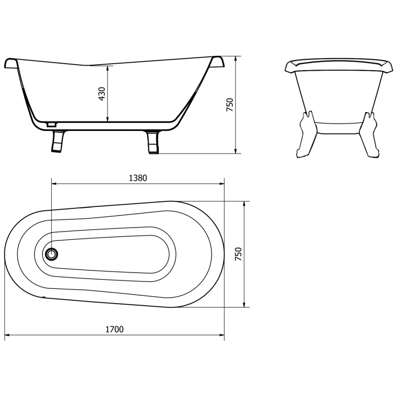 Mexen Retro bañera exenta 170 x 75 cm, blanca, patas negras - 53251707500-70
