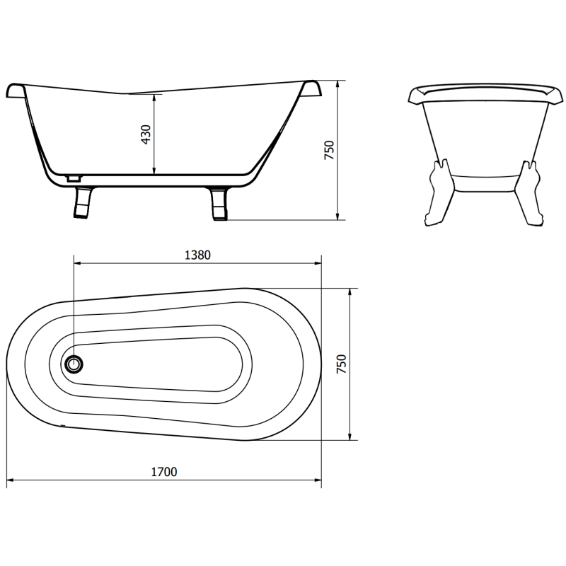 Mexen Retro free-standing bath 170 x 75 cm, white/black, chrome legs - 53251707575-00