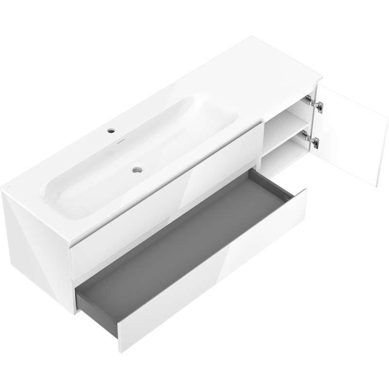 Mexen Orio Badezimmerschrank 160 cm mit Waschtisch Vela links, 2S, 1D, weiß glänzend - 91A13-16047-3-BBFFF00-W23L00