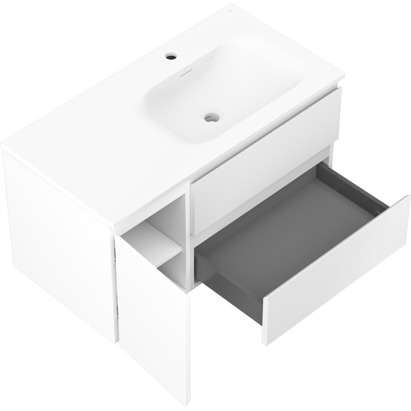 Mexen Orio Badezimmerschrank 90 cm mit Waschbecken Vela rechts, 2S, 1T, Weiß Matt - 91A13-09047-3-BBFFFF01-W23P01