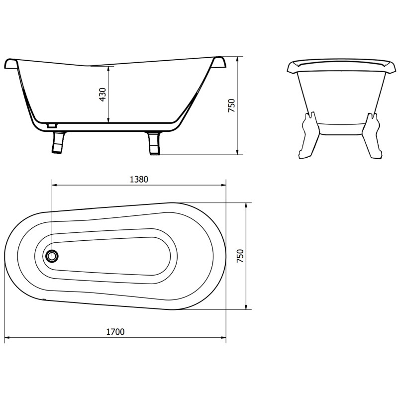 Mexen Retro freestanding bathtub 170 x 75 cm, white/black, gold legs - 53251707575-50