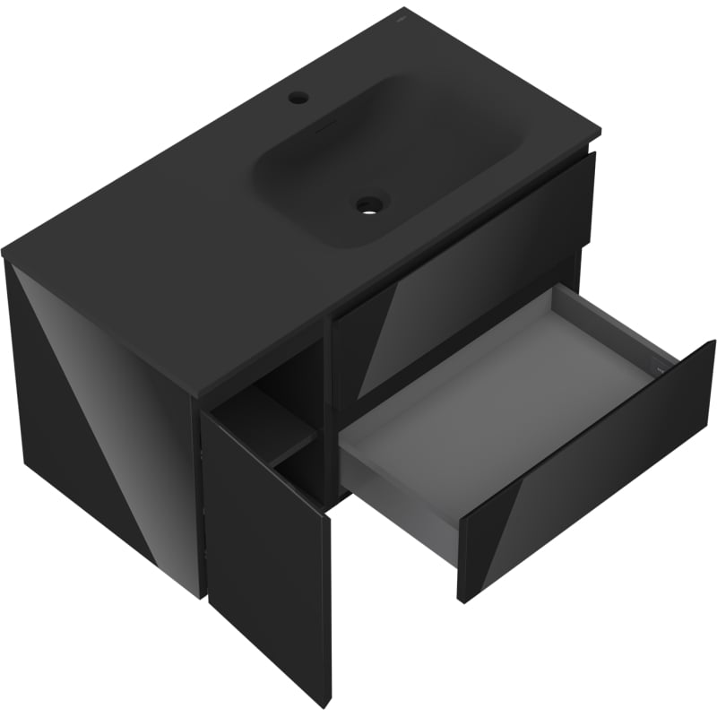 Mexen Orio 90 cm Bathroom Cabinet with Vela Right Sink, 2S, 1D, Black Gloss/Black Matte - 91A13-09047-3-BBFFF70-W23P71
