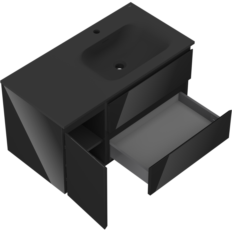 Mexen Orio Badezimmerschrank 90 cm mit Waschbecken Vela rechts, 2S, 1D, schwarz glänzend/schwarz matt