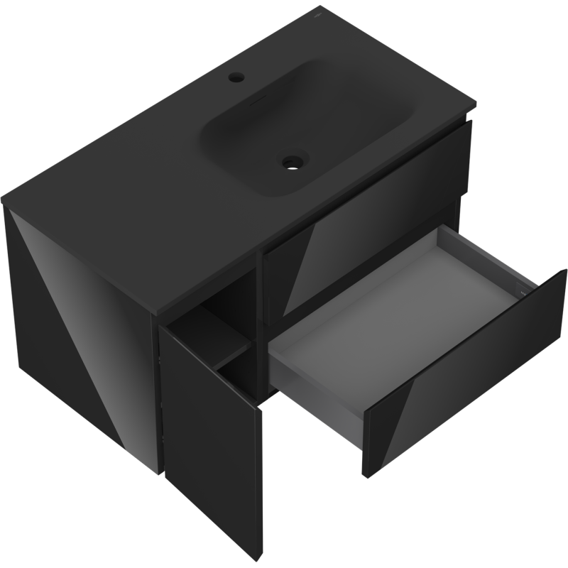 Mexen Orio mueble de baño de 90 cm con lavabo Vela derecho, 2S, 1D, negro brillo/negro mate - 91A13-09047-3-BBFFF70-W23P71