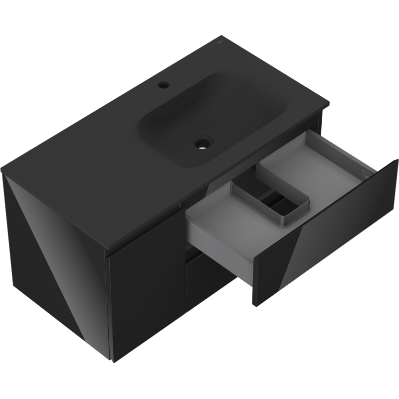 Mexen Orio Badezimmerschrank 90 cm mit Waschbecken Vela rechts, 2S, 1D, schwarz glänzend/schwarz matt