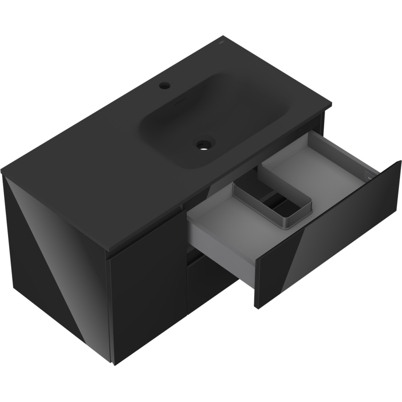 Mexen Orio mueble de baño de 90 cm con lavabo Vela derecho, 2S, 1D, negro brillo/negro mate - 91A13-09047-3-BBFFF70-W23P71