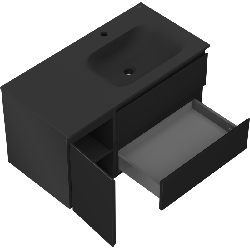 Mexen Orio Badezimmerschrank 90 cm mit Waschbecken Vela rechts, 2S, 1D, schwarz matt - 91A13-09047-3-BBFFF71-W23P71