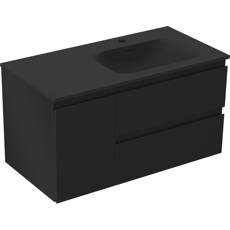Mexen Orio Badezimmerschrank 90 cm mit Waschbecken Vela rechts, 2S, 1D, schwarz matt - 91A13-09047-3-BBFFF71-W23P71