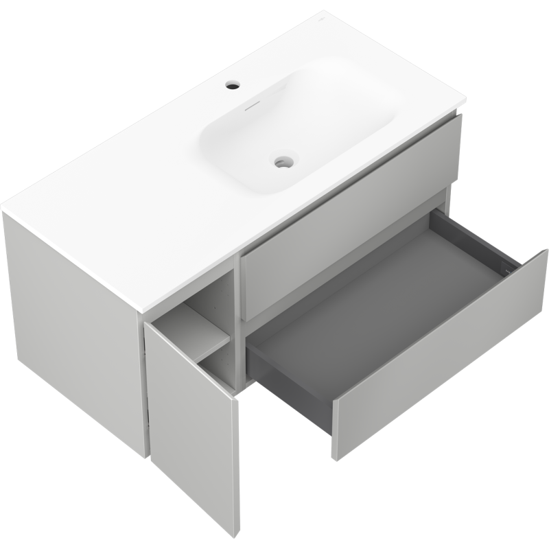 Mexen Orio 100 cm bathroom cabinet with right-side Vela sink, 2S, 1D, gray matte/white matte - 91A13-10047-3-BBFFF62-W23P01
