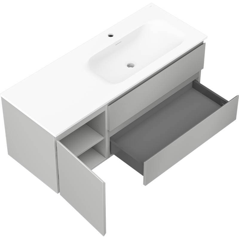 Mexen Orio armario de baño 120 cm con lavabo Vela a la derecha, 2S, 1D, gris mate/blanco mate - 91A13-12047-3-BBFFF62-W23P01