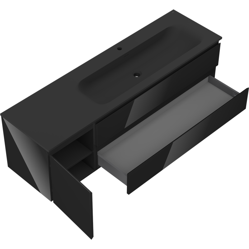 Mexen Orio armadietto da bagno 160 cm con lavabo Vela destro, 2S, 1D, nero lucido/nero opaco - 91A13-16047-3-BBFFF70-W23P71
