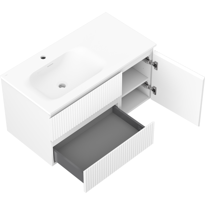 Mexen Rivel armario de baño de 90 cm con lavabo Vela izquierdo, 2 cajones, 1 puerta, estriado, blanco mate