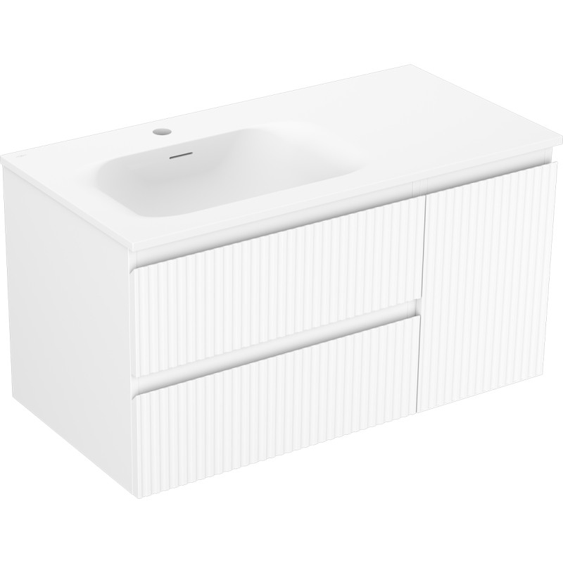 Mexen Rivel armoire de salle de bains 90 cm avec lavabo Vela gauche, 2S, 1D, rainurée, blanc mat - 91A23-09047-3-BBFFF01-W23L01
