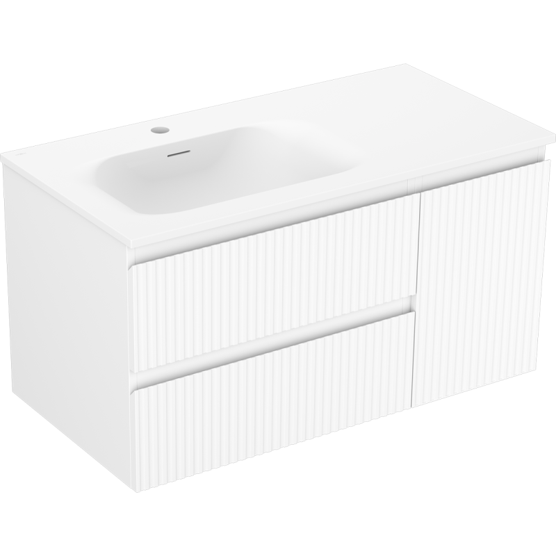 Mexen Rivel Badezimmerschrank 90 cm mit Waschbecken Vela links, 2S, 1D, gerillt, weiß matt - 91A23-09047-3-BBFFF01-W23L01