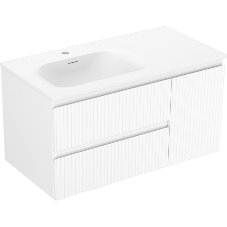 Mexen Rivel 90 cm bathroom cabinet with Vela left sink, 2 drawers, 1 door, grooved, matte white - 91A23-09047-3-BBFFF01-W23L01