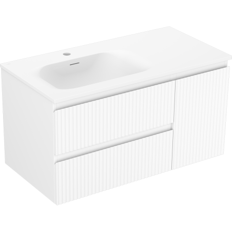 Mexen Rivel Badezimmerschrank 90 cm mit Waschbecken Vela links, 2S, 1D, geriffelt, weiß matt - 91A23-09047-3-BBFFF01-W23L01