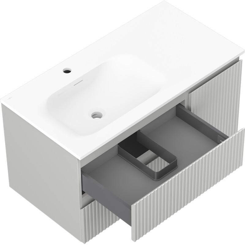 Mexen Rivel badkamerkast 90 cm met wastafel Vela links, 2S, 1D, geribbeld, grijs mat/wit mat - 91A23-09047-3-BBFFF62-W23L01
