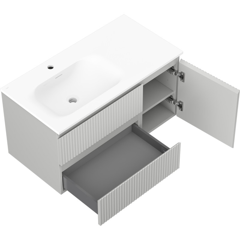 Mexen Rivel szafka łazienkowa 90 cm z umywalką Vela lewą, 2S, 1D, ryflowana, szara mat/biała mat - 91A23-09047-3-BBFFF62-W23L01