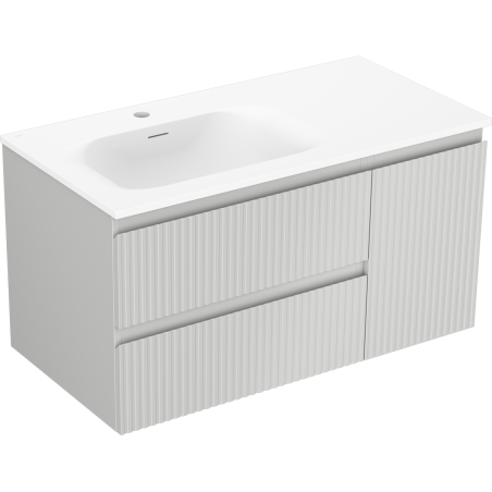 Mexen Rivel 90 cm bathroom cabinet with Vela left basin, 2S, 1D, fluted, matte gray/white matte - 91A23-09047-3-BBFFF62-W23L01