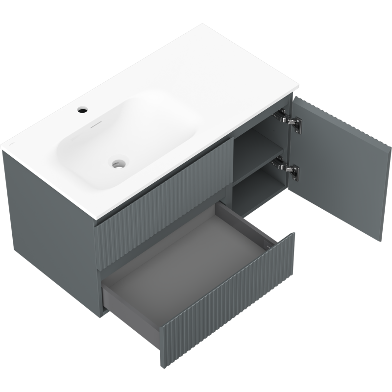 Mexen Rivel badkamerkast 90 cm met wastafel Vela links, 2S, 1D, geribbeld, grafiet mat/wit mat - 91A23-09047-3-BBFFF66-W23L01