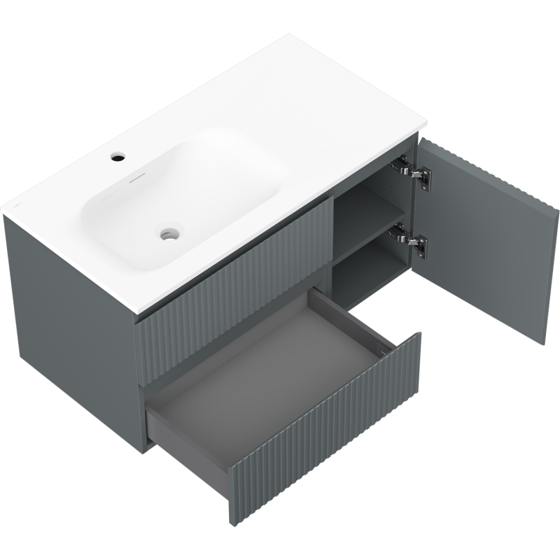 Mexen Rivel bathroom cabinet 90 cm with Vela sink on the left, 2S, 1D, fluted, graphite matte/white matte