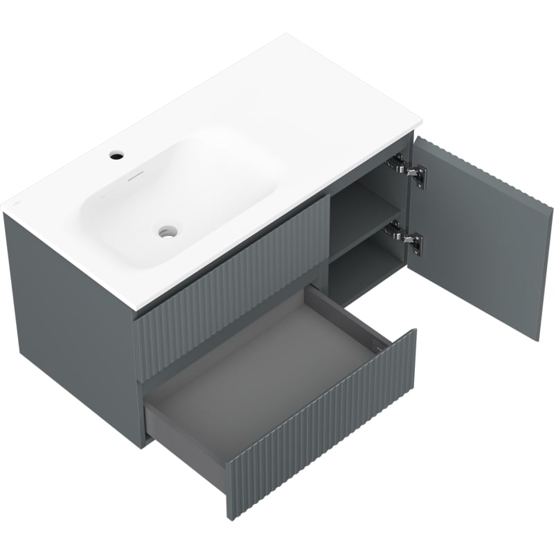 Mexen Rivel szafka łazienkowa 90 cm z umywalką Vela lewą, 2S, 1D, ryflowana, grafit mat/biała mat - 91A23-09047-3-BBFFF66-W23L01