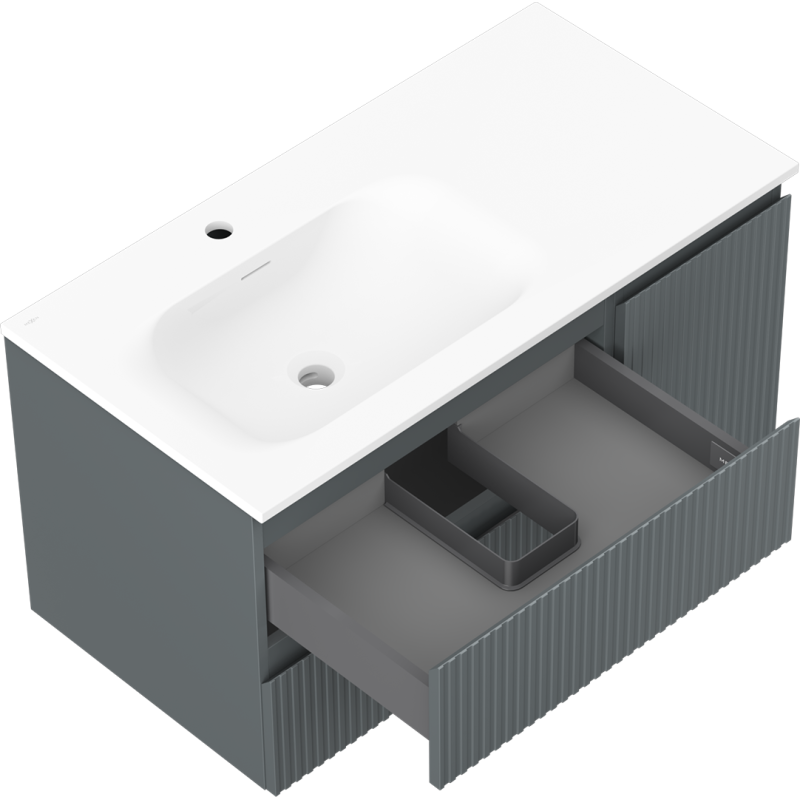 Mexen Rivel bathroom cabinet 90 cm with Vela sink on the left, 2S, 1D, fluted, graphite matte/white matte
