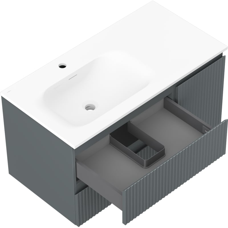 Mexen Rivel szafka łazienkowa 90 cm z umywalką Vela lewą, 2S, 1D, ryflowana, grafit mat/biała mat - 91A23-09047-3-BBFFF66-W23L01