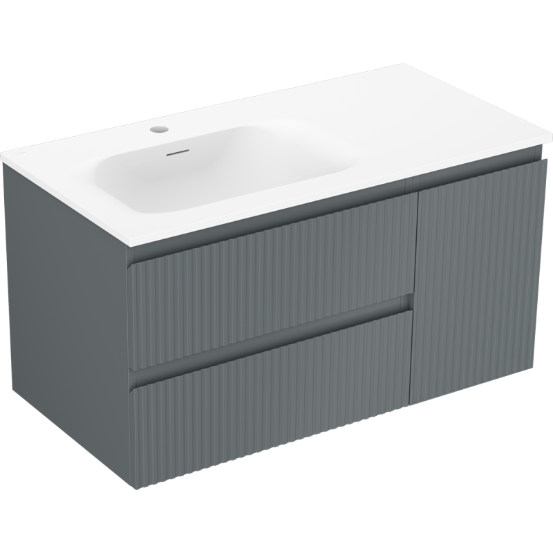 Mexen Rivel bathroom cabinet 90 cm with Vela sink on the left, 2S, 1D, fluted, graphite matte/white matte