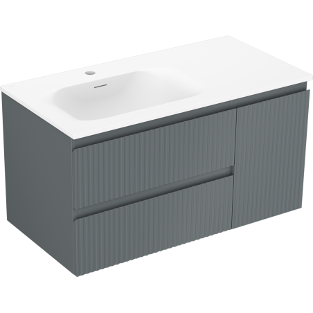 Mexen Rivel bathroom cabinet 90 cm with Vela sink on the left, 2S, 1D, fluted, graphite matte/white matte