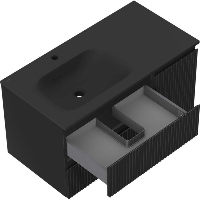 Mexen Rivel gabinete de baño de 90 cm con lavabo Vela izquierdo, 2S, 1D, acanalado, negro mate - 91A23-09047-3-BBFFF71-W23L71