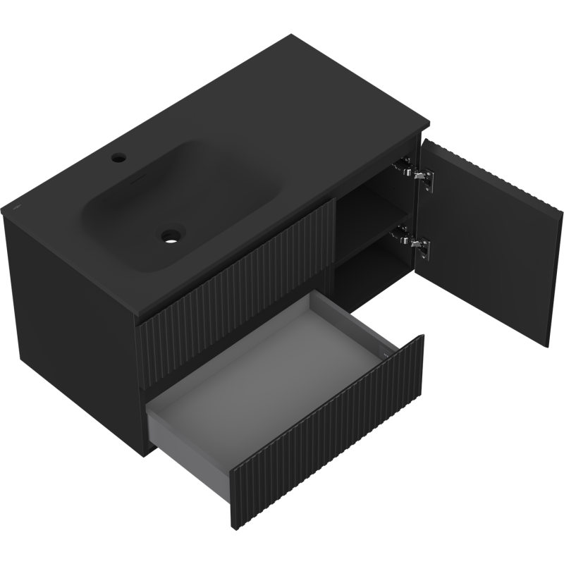 Mexen Rivel bathroom cabinet 90 cm with Vela left sink, 2D, 1S, fluted, black matte - 91A23-09047-3-BBFFF71-W23L71
