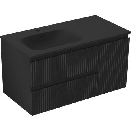 Mexen Rivel bathroom cabinet 90 cm with Vela left sink, 2D, 1S, fluted, black matte - 91A23-09047-3-BBFFF71-W23L71