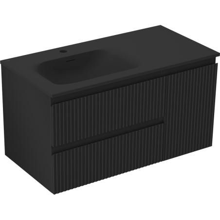 Mexen Rivel gabinete de baño de 90 cm con lavabo Vela izquierdo, 2S, 1D, acanalado, negro mate - 91A23-09047-3-BBFFF71-W23L71