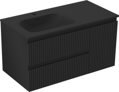 Mexen Rivel Badezimmerschrank 90 cm mit Vela-Links-Waschbecken, 2S, 1T, gerillt, schwarz matt - 91A23-09047-3-BBFFF71-W23L71
