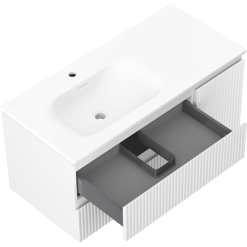 Mexen Rivel 100 cm bathroom cabinet with left Vela sink, 2 drawers, 1 door, grooved, white matte - 91A23-10047-3-BBFFF01-W23L01