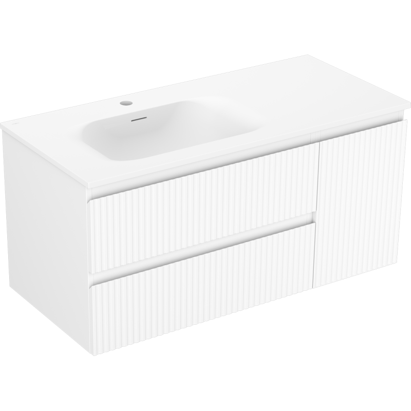 Mexen Rivel bathroom cabinet 100 cm with left washbasin Vela, 2S, 1D, fluted, matte white - 91A23-10047-3-BBFFF01-W23L01
